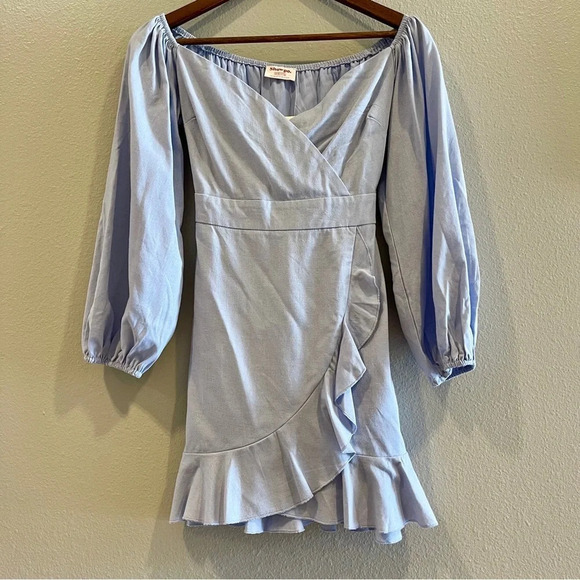 Showpo Cant Move On Dress Linen Look NWT Powder Blue Size 6 Faux Wrap - Picture 2 of 12